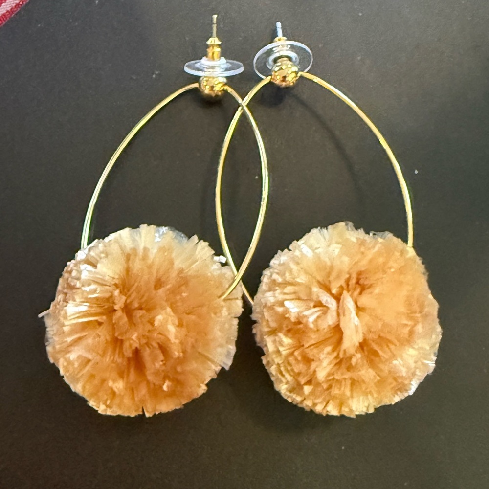 J. Crew Gold Hoop Earrings with Tan Pom Pom Drops